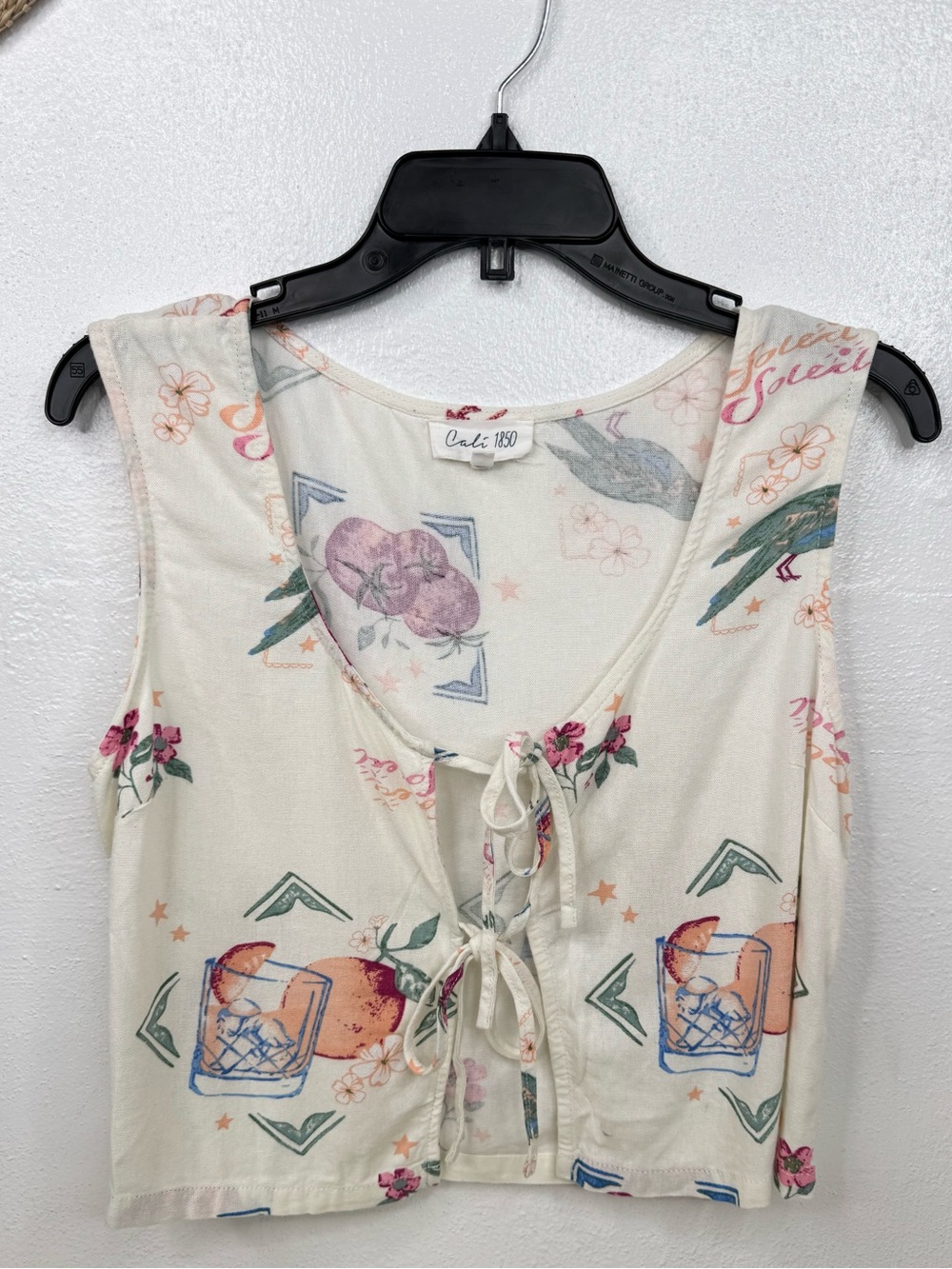 Cali 1850 Blouse Womens Size M Ivory Floral Sleeveless Tie Front Cropped